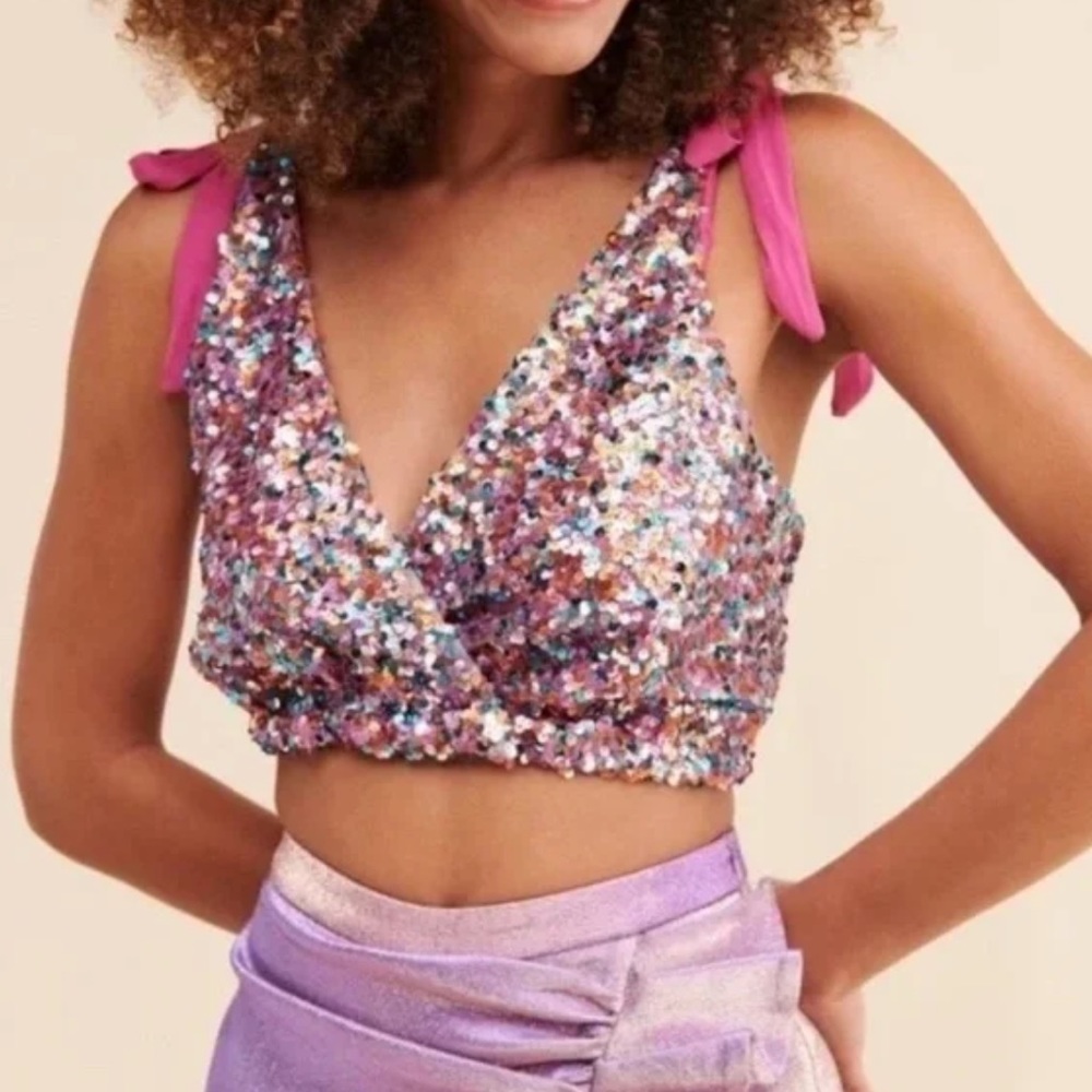 Free People Intimately Big Night Sequin Crop Top Pink XS